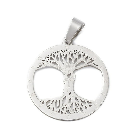 10pcs Non-304 Stainless Steel Pendants Laser Cut Flat Round with Tree of Life Charm Stainless Steel color 27.5x25x1mm Hole: 7x4.5mm