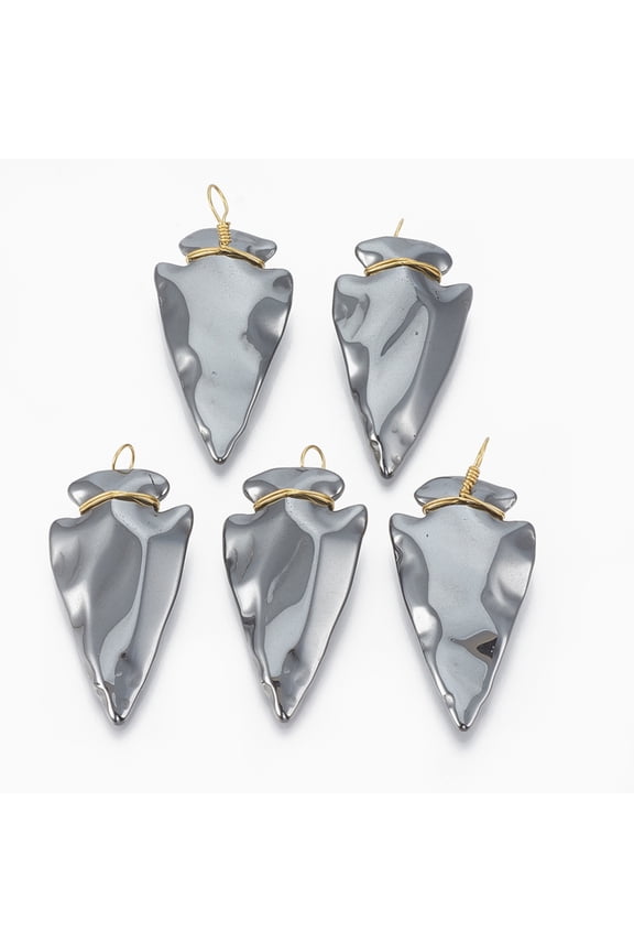 10pcs Non-magnetic Hematite Pendants with Golden Tone Brass Findings Arrowhead 46x24~25x9mm Hole: 5~6x4~5mm