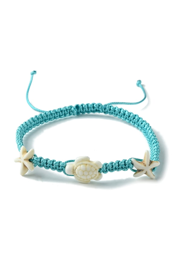 10pcs Ocean Theme Starfish Tortoise Turquoise Beaded Anklets for Women Nylon Cord Adjustable Bracelets Floral White Inner Diameter: 2-1/2~3-3/4 inch(6.3~9.6cm)