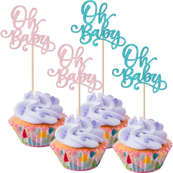 10pcs Oh Baby Cupcake Toppers Pink Blue Glitter Baby Shower Gender Reveal Cupcake Picks for Boy or Girl Theme Baby Shower Kids Birthday Party Cake Decorations