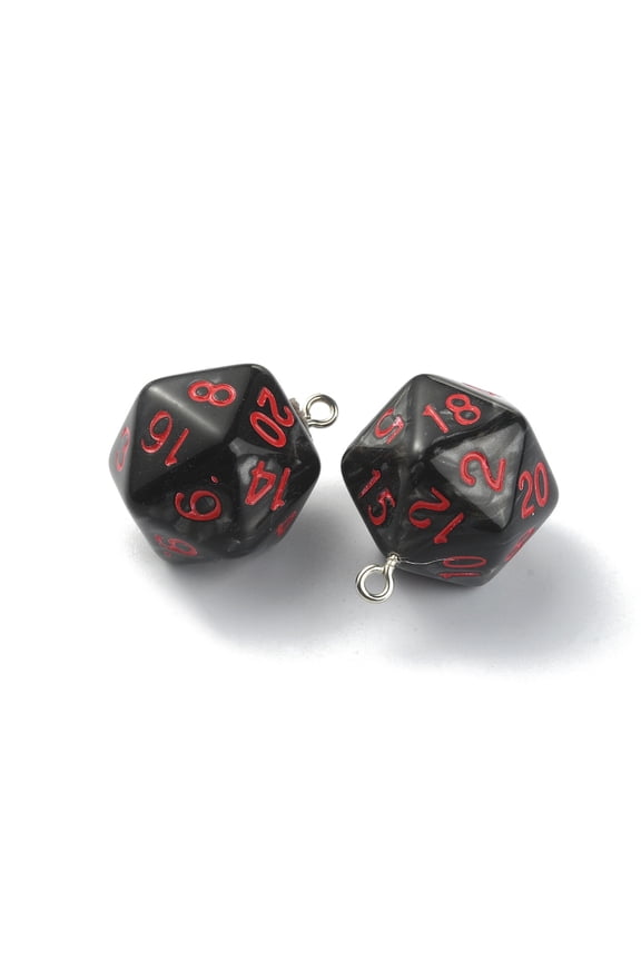 10pcs Opaque Resin Polyhedral Dice Pendants 20 Sided Dice Charm with Tone Iron Loops Black 27x20x20mm Hole: 2mm