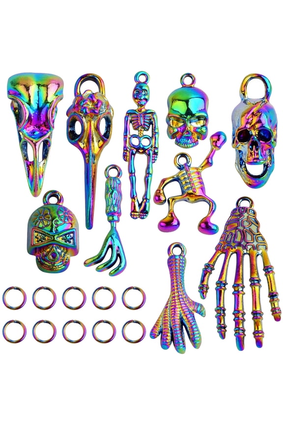 10pcs Open Jump Rings and 10pcs Rainbow Color Skull Head Charms Collection Alloy Halloween Skeleton Bone Pendants for DIY Bracelet Keychains Crafts Jewelry Making 10 Styles