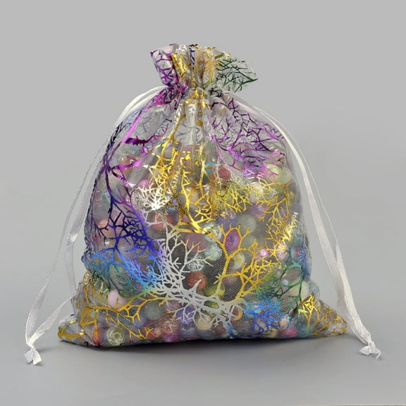 10pcs Organza Gift Bags Drawstring Bags Organza Pouches for Potpourri with Colorful Coral Pattern Rectangle White 15x10cm