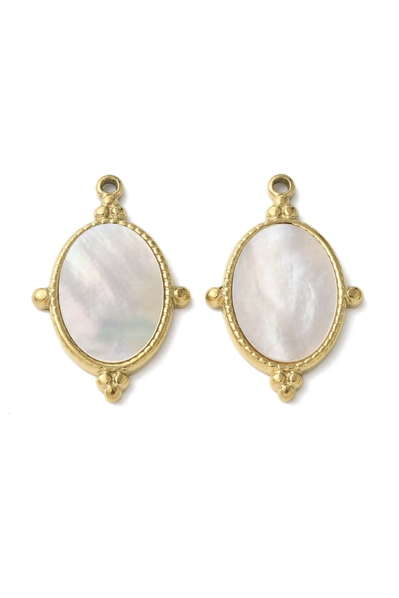 10pcs Oval 304 Stainless Steel Paua Shell/White Shell Pendants golden 24x15.5x2mm Hole: 1.2mm