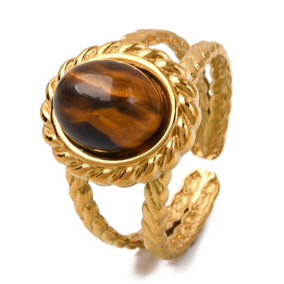 10pcs Oval Tiger Eye Finger Rings Golden Tone 304 Stainless Steel Cuff Rings for Women Men Inner Diameter: Adjustable