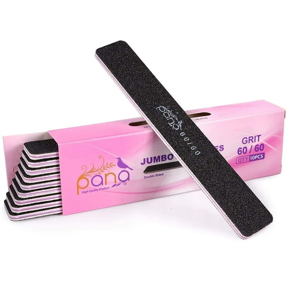 10pcs - PANA Jumbo Double-Sided Emery Nail File for Manicure, Pedicure, Natural, and Acrylic Nails - Black (Grit 60/60)