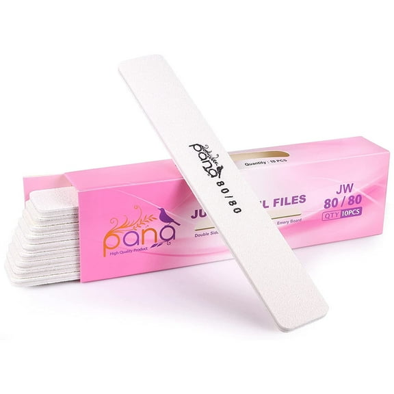 10pcs - PANA Jumbo Double-Sided Emery Nail File for Manicure, Pedicure, Natural, and Acrylic Nails - White (Grit 80/80)