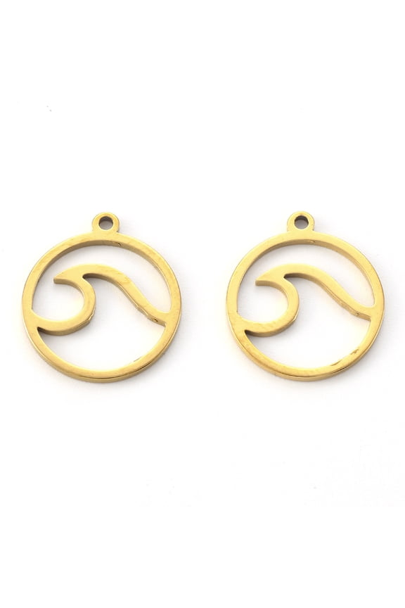 10pcs PVD Vacuum Plating 201 Stainless Steel Pendants Laser Cut Round Ring with Wave golden 17x15x1mm Hole: 1mm