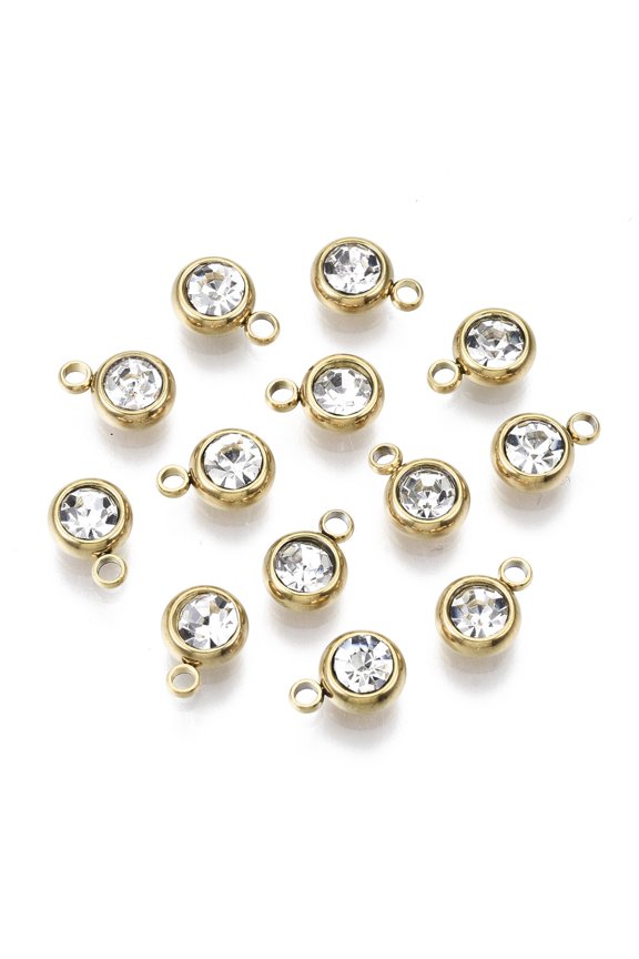10pcs PVD Vacuum Plating 201 Stainless Steel Rhinestone Birthstone Flat Round golden 8.5x6x3mm Hole: 1.5mm
