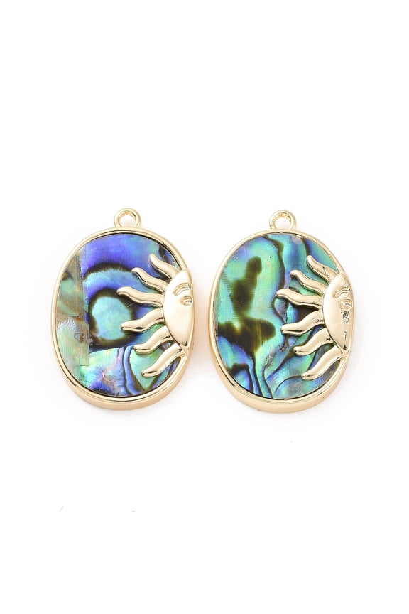10pcs Paua Shell Pendants Oval with Sun with Brass Findings golden 24x16.5x4mm Hole: 1.6mm