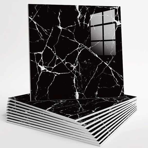 10pcs Peel and Stick Tile Shower Waterproof Marble Tiles Wall Panels, 11.8"x11.8" Self-Adhesive Backsplash Tile, PVC Wall Panels Shower Tiles for Home Bathroom Black (Non Real Ceramic Tiles)