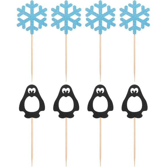 10pcs Penguin Snowflake Cake Toppers Non-edible Cupcake Picks for Birthday Party Decorations Winter Theme Cake Insert Cards