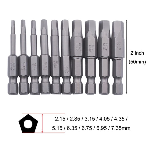 10pcs Pentagon Head Screwdriver Bits Set S2 Steel 10 Sizes 2.15-7.35mm