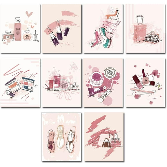 10pcs Pink Canvas Wall Art Prints Poster Set High Heels Perfume lipstick Makeup Fashion Decor Artwork for Dressing room Bedroom Bathroom Home Women Gift Decoration 8 x 10inch Unframed