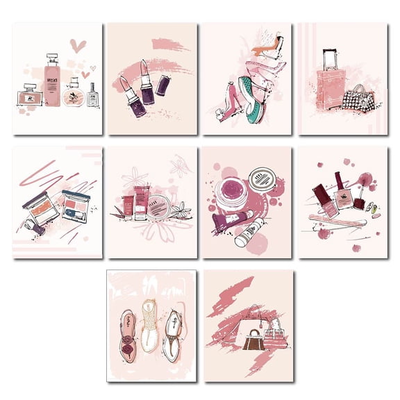 10pcs Pink Canvas Wall Art Prints Poster Set High Heels Perfume lipstick Makeup Fashion Decor Artwork