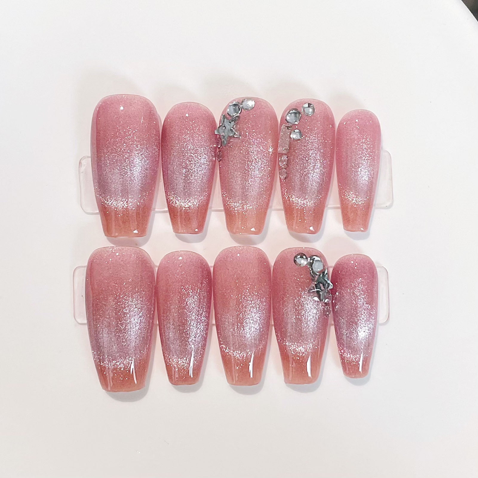 10pcs Pink Cat Eyes Fake Nails with French Shiny Rhinestone Design Fake