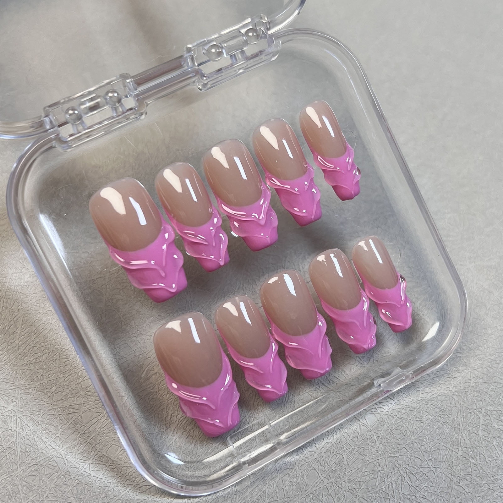 10pcs Pink French Press On Nails Nude Color Handmade False Nails With 3D Strip Designs Medium T Coffin Ballet Wearable Manicure