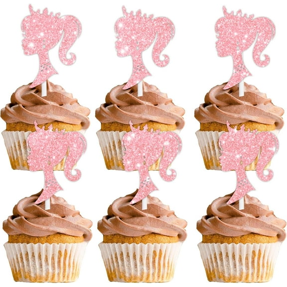 10pcs Pink Glitter Princess Girl Dessert Cupcake Topper Makeup Party Theme Decor Supplies Women Girls Happy Birthday Anniversary Wedding Party Decoration
