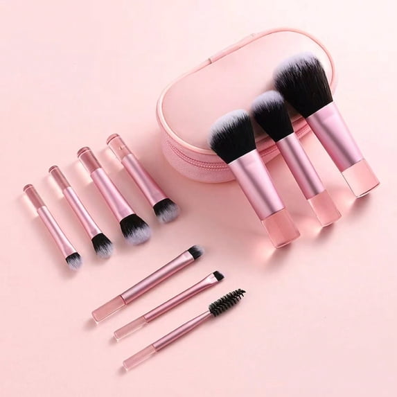 10pcs Pink Mini Portable Makeup Brushes Set - Travel Size Cosmetic Brush Kit with Multi-Color Options for On-the-Go Beauty