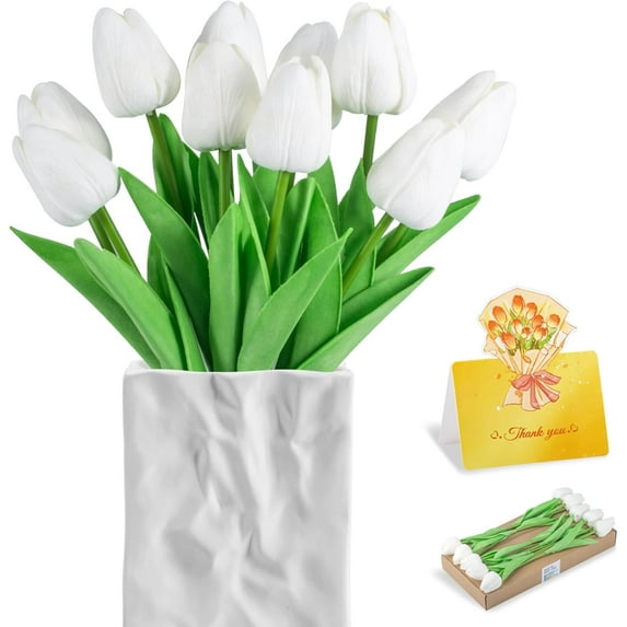 10pcs Pink Tulips Artificial Flowers, Fake Tulips for Mother's Day, Real Touch 14" PU Faux Tulips for Easter Decor Valentine’s Day Gifts in Spring Home Table Kitchen Office Wedding Decoration