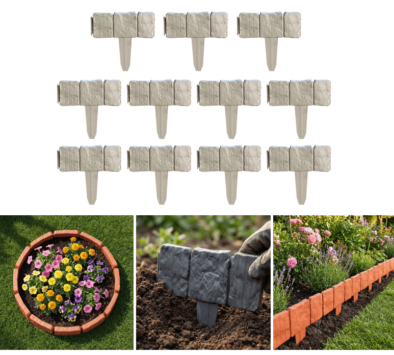 10pcs Plastic Garden Fence Panel Stone Simulation Border for Garden Edging Outdoor Patio Decoration - (10Pcs_Gray)