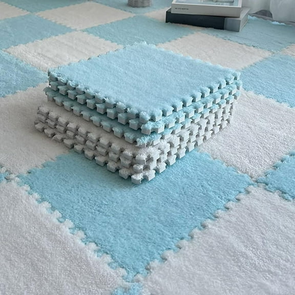 10pcs Plush Puzzle Foam Floor Mat, Soft Fluffy Interlocking Square Foam Tiles Area Rugs Carpet for Parlor Bedroom Decoration(11.8x11.8in, Blue&White)