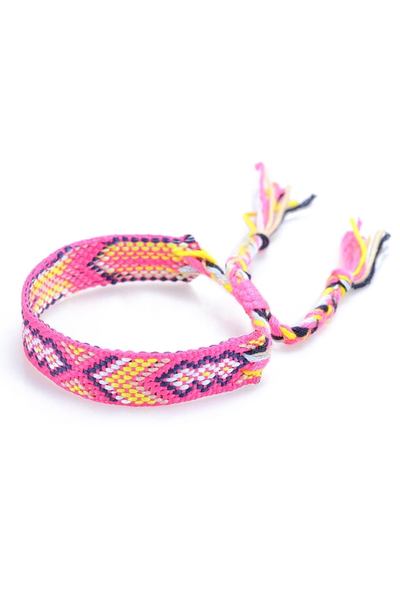10pcs Polyester- Rhombus Pattern Cord Bracelet Ethnic Tribal Adjustable Brazilian Bracelet for Women Hot Pink 5-7/8~11 inch(15~28cm)