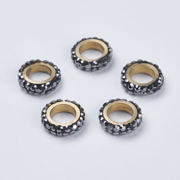 10pcs Polymer Clay Rhinestone Beads with Brass Findings Ring Golden Hematite 10x3mm Hole: 6mm