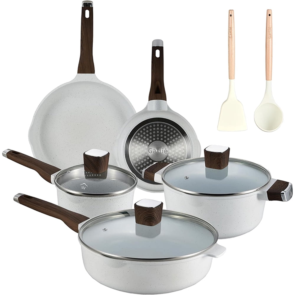 10pcs Pots and Pans Set, Nonstick White Granite Set, Cookware Sets Suitable for Gas, Electric, Induction, Kitchen Cooking Set with Frying Pans, Saucepans, Casserole