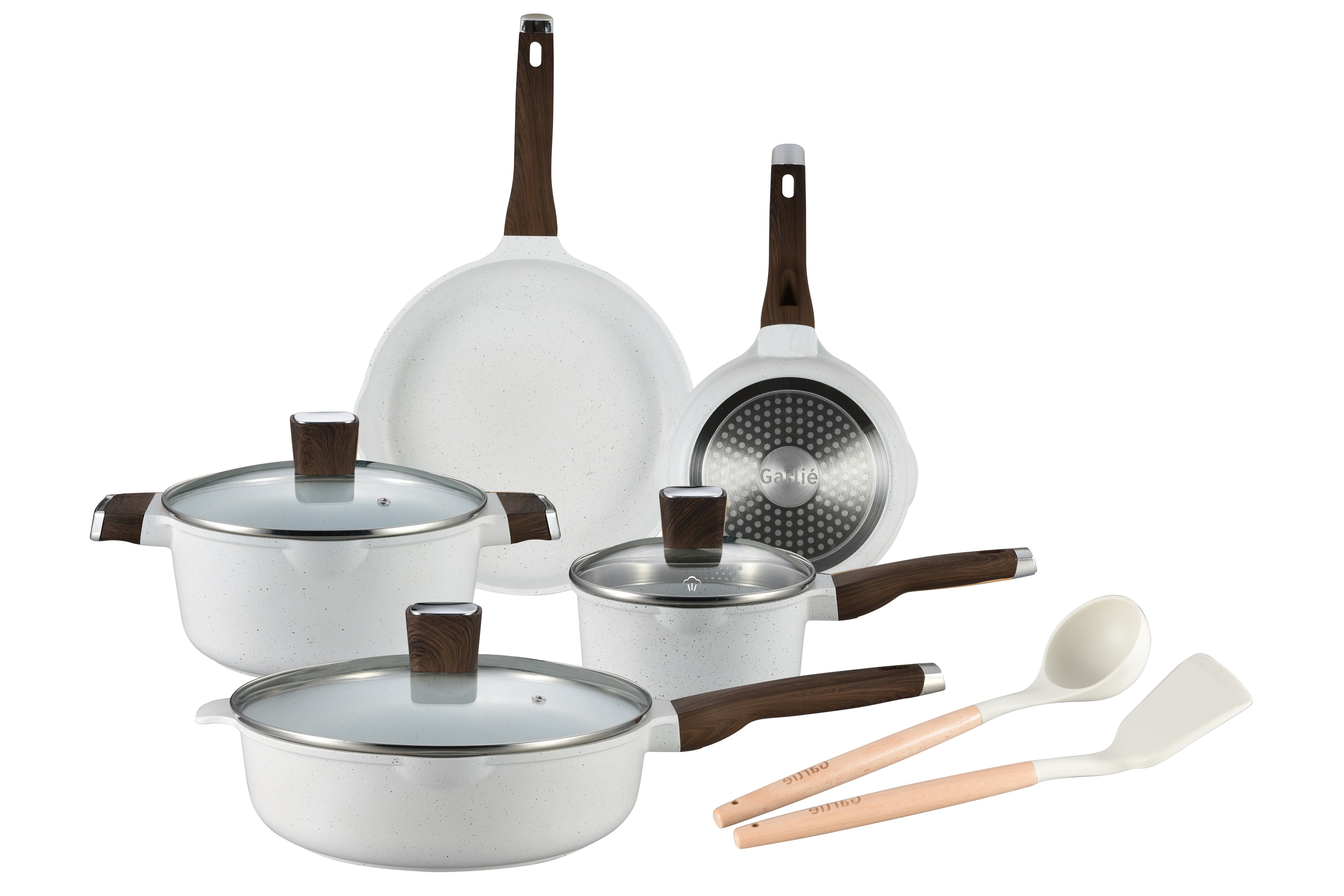 10pcs Pots and Pans Set, Nonstick White Granite, Cookware Sets Suitable