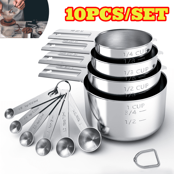10pcs Premium Measuring Cups and Spoons Set, Stainless Steel Stackable Measuring Spoons Set for Dry Liquid Ingredients Cooking Baking