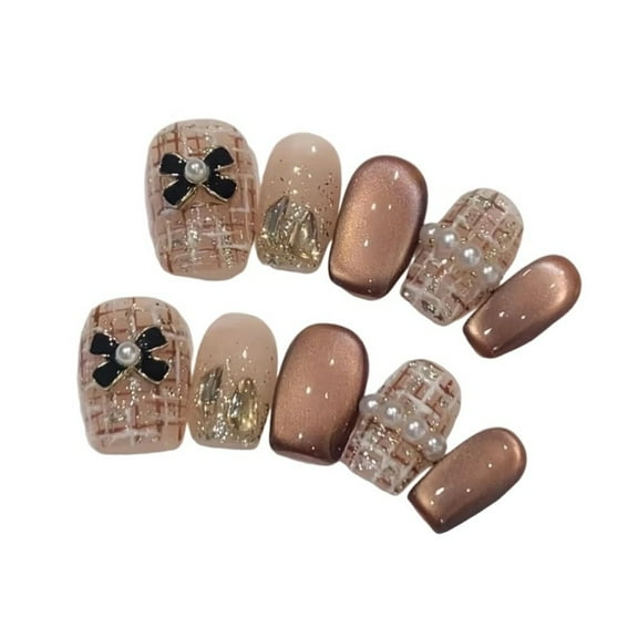 10pcs Press On Nails kawaii pink bow coffin nails Brown Pearl Plaid Nails Y2k Reusable Adhesive False Nails Artificial Manicure Wearable Girls Rhinestone Fake Nail Tips for Party Wedding Daily Wear