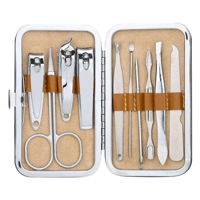 10pcs Professional Manicure Set Stainless Steel Nail Clipper Kit Pedicure Scissor Ear Pick Tweezer Nail Care Grooming Tool 11x6.8x2.3cm