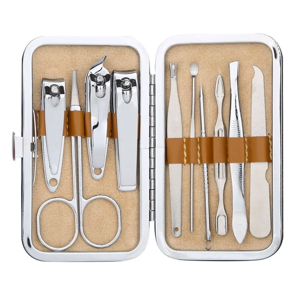 10pcs Professional Manicure Set Stainless Steel Nail Clipper Kit Pedicure Scissor Ear Pick Tweezer Nail Care Grooming Tool 11x6.8x2.3cm