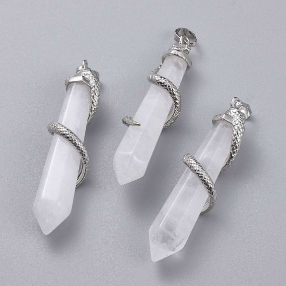 10pcs Quartz Big Pointed Pendants Rock with Brass Bails Faceted Bullet with Snake 59~61.5x11~12x11~12mm Hole: 5x8mm