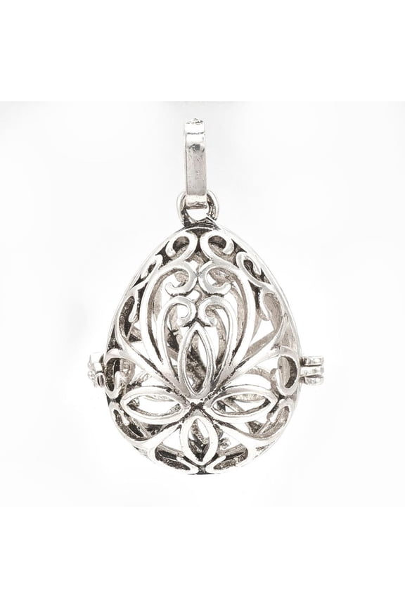 10pcs Rack Plating Brass Cage Pendants Nickel Free Hollow Teardrop with Flower Silver 36x27x21mm Hole: 9x3.5mm inner measure: 28x20mm