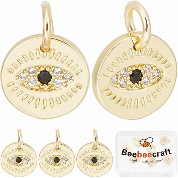 10pcs Rack Plating Brass Cubic Zirconia Pendants Cadmium Free & Lead Free Evil Eye with Jump Ring Real 18K golden Plated 9x1mm Hole: 3mm