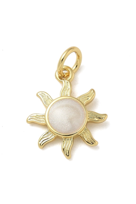 10pcs Rack Plating Brass Enamel Charms Lead Free & Cadmium Free Sun Charms Real 18K Gold Plated White 14.5x12x2mm Hole: 3mm