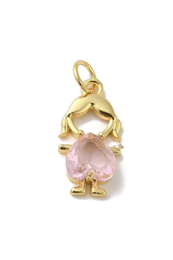 10pcs Rack Plating Brass Glass Pendants Cadmium Free & Lead Free Long-Lasting golden Human with Heart Pink 17.5x9.5x2mm Hole: 3mm