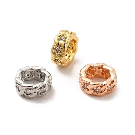 10pcs Rack Plating Brass Micro Pave Cubic Zirconia European Beads Large Hole Beads Long-Lasting Lead Free & Cadmium Free Curb Chain style Flat Round Mixed color 7.5x3.5mm Hole: 4.8mm