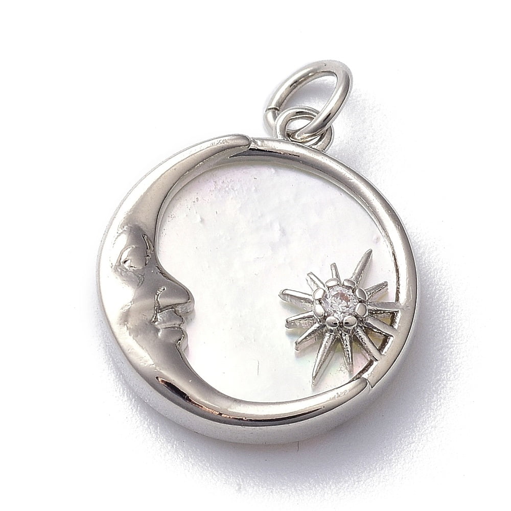 10pcs Rack Plating Brass Micro Pave Cubic Zirconia Pendants Flat Round with Moon Sun Platinum Plated 17.5x16x3.5mm Jump Ring 5x1mm 3mm Inner Diameter