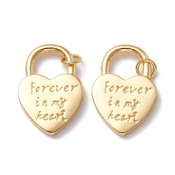 10pcs Rack Plating Brass Pendants Long-Lasting with Jump Ring Lead Free & Cadmium Free Heart Lock with Phrase Forever in my heart golden 27.5x18.5x2.5mm Hole: 4mm