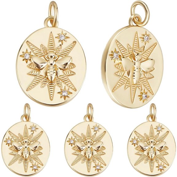 10pcs Rack Plating Brass Pendants Long-Lasting Plated Lead Free & Cadmium Free Flat Round with Bees Charms Real 18K golden Plated 18x13.5x2.5mm Hole: 3.6mm