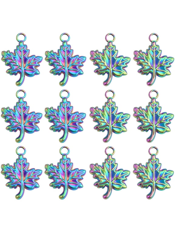 10pcs Rainbow Color Fall Charms Hypoallergenic Maple Leaf Pendants Autumn Leaf Dangle Charms for DIY Bracelet Necklace Jewelry Making Thanksgiving Gift, Stainless Steel