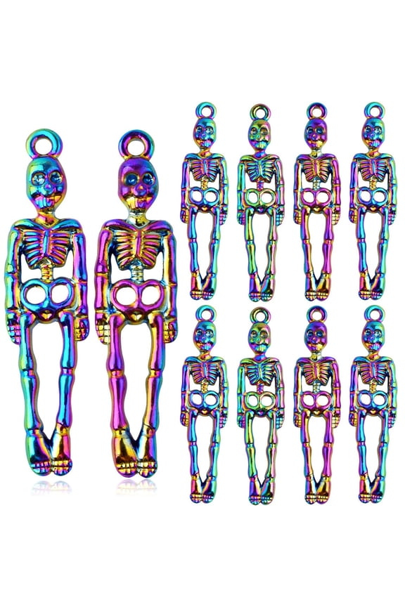 10pcs Rainbow Color Skeleton Body Skull Head Charms Alloy Skull Skeleton Body Bone Dangle for Bracelet Necklace Jewelry Making Halloween Decor