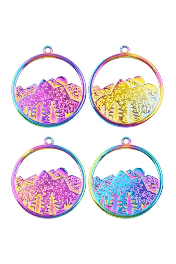 10pcs Rainbow Color Stainless Steel Round Mountain Range Ocean Charms Hypoallergenic Hollow Sea Mountain Dangle Pendants for DIY Necklace Bracelet Jewelry Making Supplies