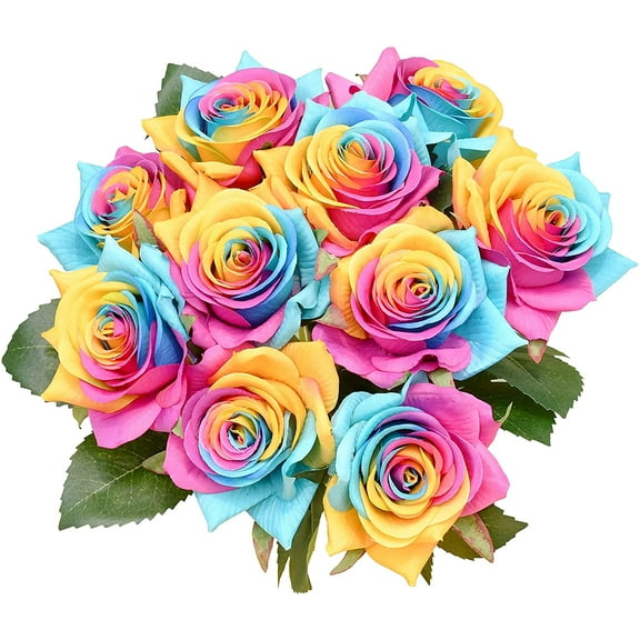 10pcs Rainbow Fake Flowers Artificial Silk Rose Flowers 15" for Valentine’s Day Mother's Day Easter Home Decoration Bridal Wedding Bouquet Parties and Halloween Decorations