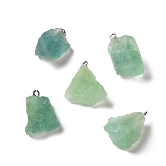 10pcs Raw Rough Natural Green Fluorite Pendants Charms with Platinum Plated Iron Loops 21-34.5x15-25.5x10-17mm Hole: 2mm