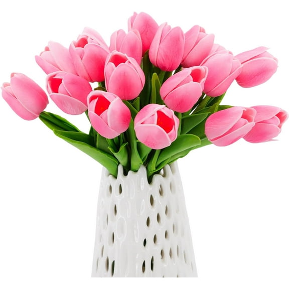 10pcs Real Touch Tulips PU Artificial Flowers, Fake Tulips Flowers for Arrangement Wedding Party Easter Spring Home Dining Room Office Decoration. (Pink, 14" Tall)