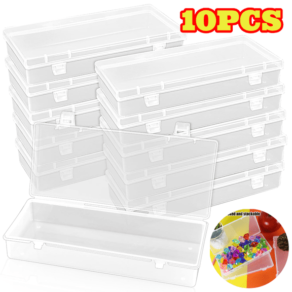 10pcs Rectangle Plastic Storage Boxes, Clear Storage Containers with Hinged Lids for Beads, Jewelry, Game Pieces, Crafts, 6.2 x 2.5 x 1.2 inch
